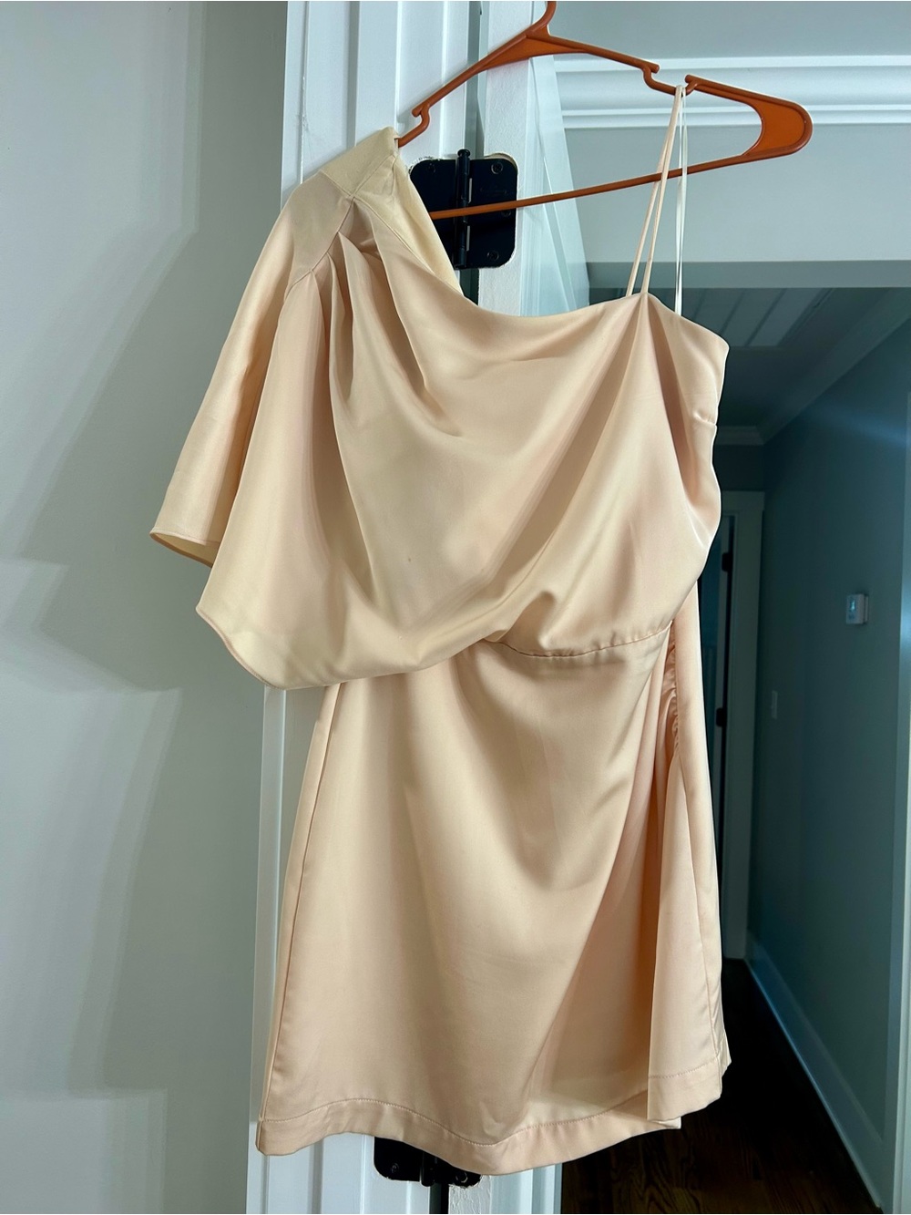 One-Shoulder Satin Mini Dress in Light Kaki